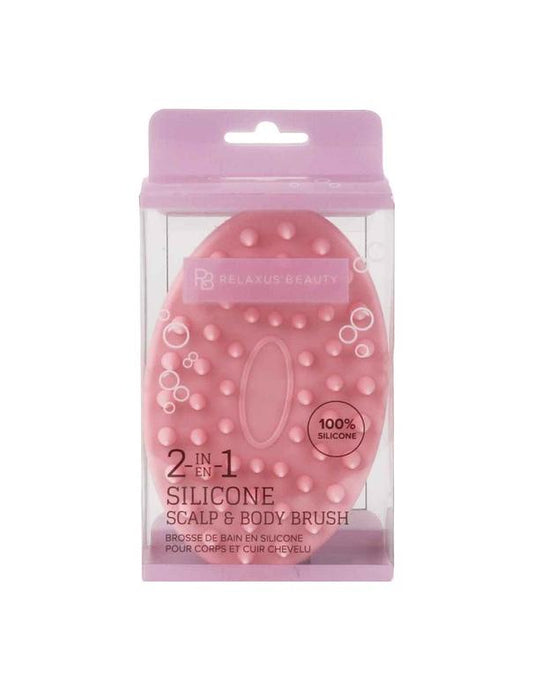 Brosse 2 en 1 en silicone pour le cuir chevelu et le corps Relaxus, rose